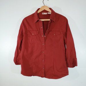 Faded Glory Ladies Red Button Up Shirt Pearl Buttons Size M